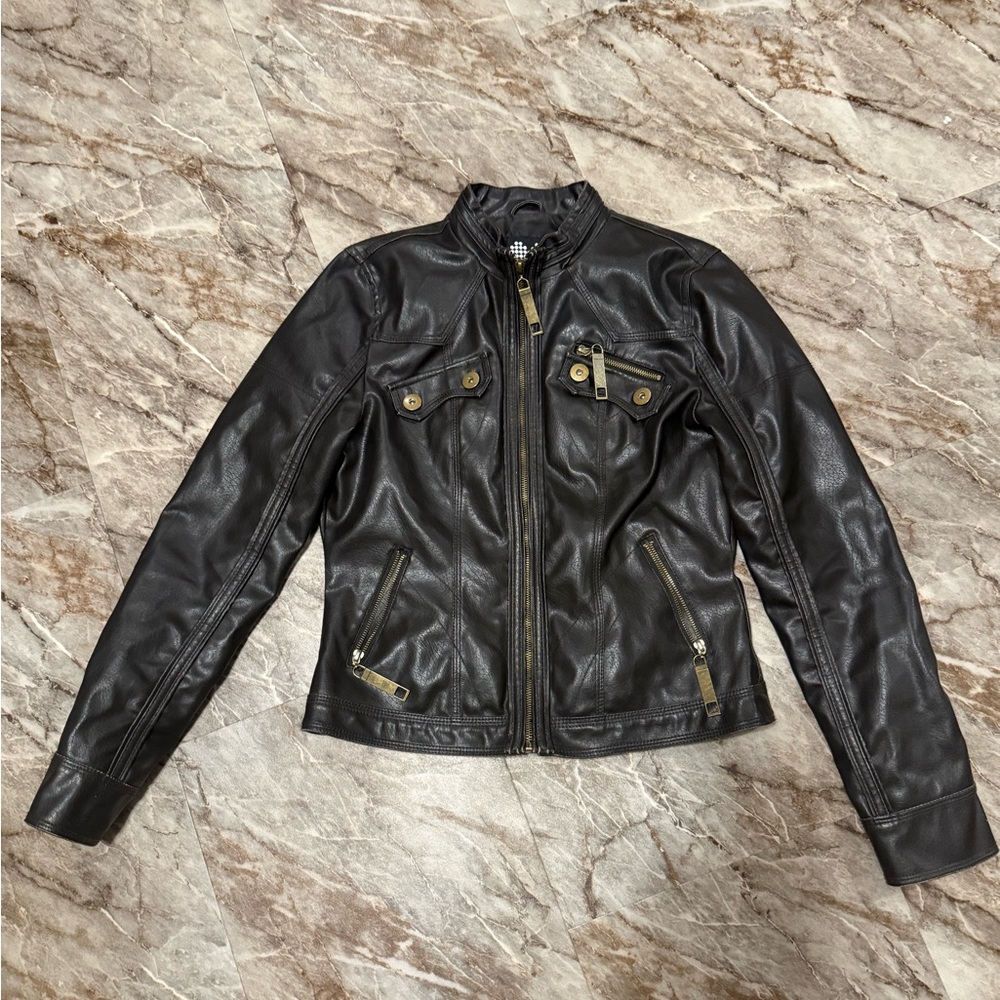 Brave Soul Black Leather Jacket with Gold Accents